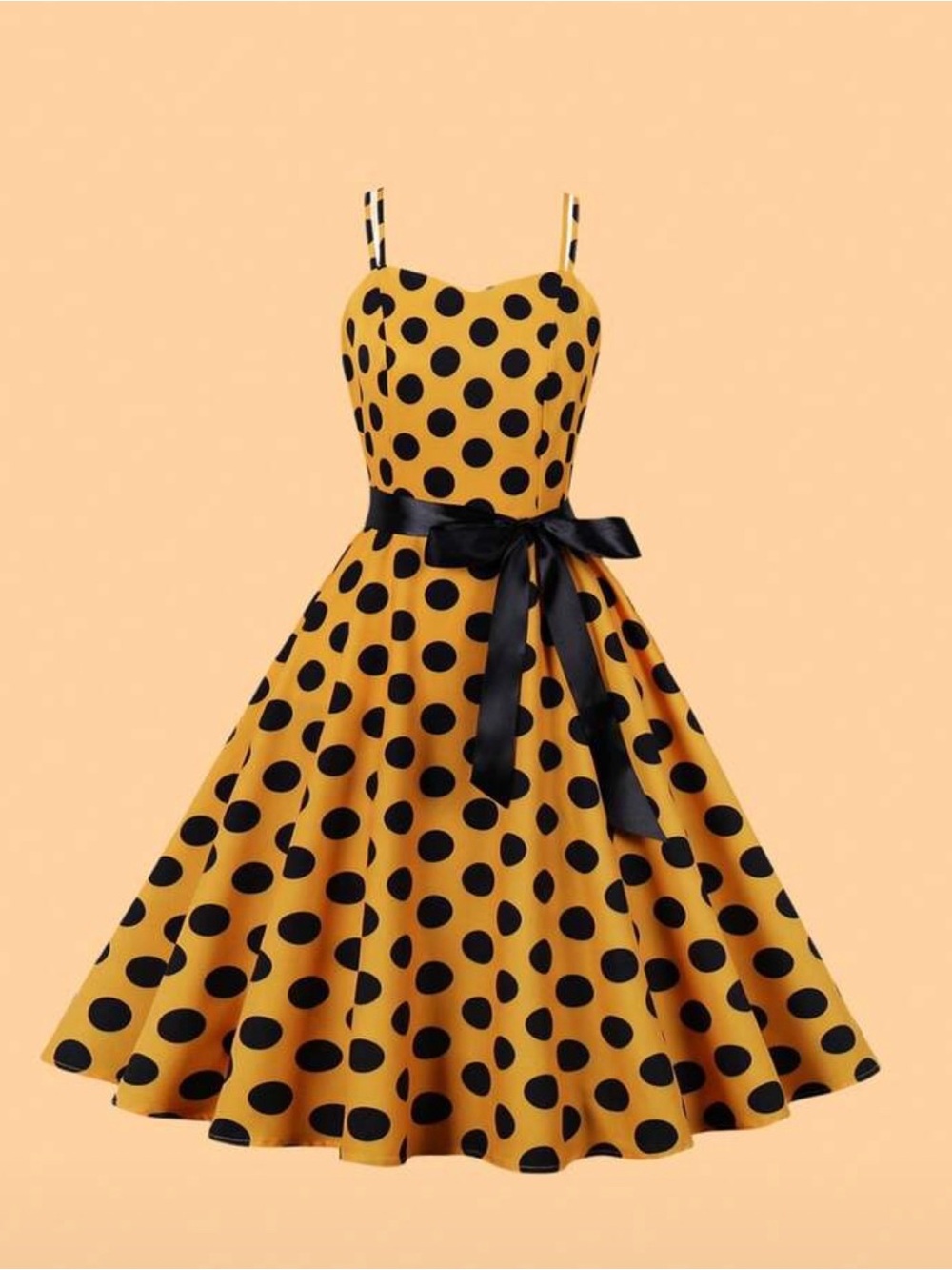 SHEIN Yellow and Black Polka Dot Midi Dress with Satin Waist Tie